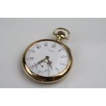C.H. Meylan 14ct yellow gold open face top wind pocket watch, white enamel dial and subsidiary dial,