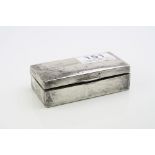 Silver rectangular trinket box, plain polished form, hinged lid engraved Pat, velvet lined interior,