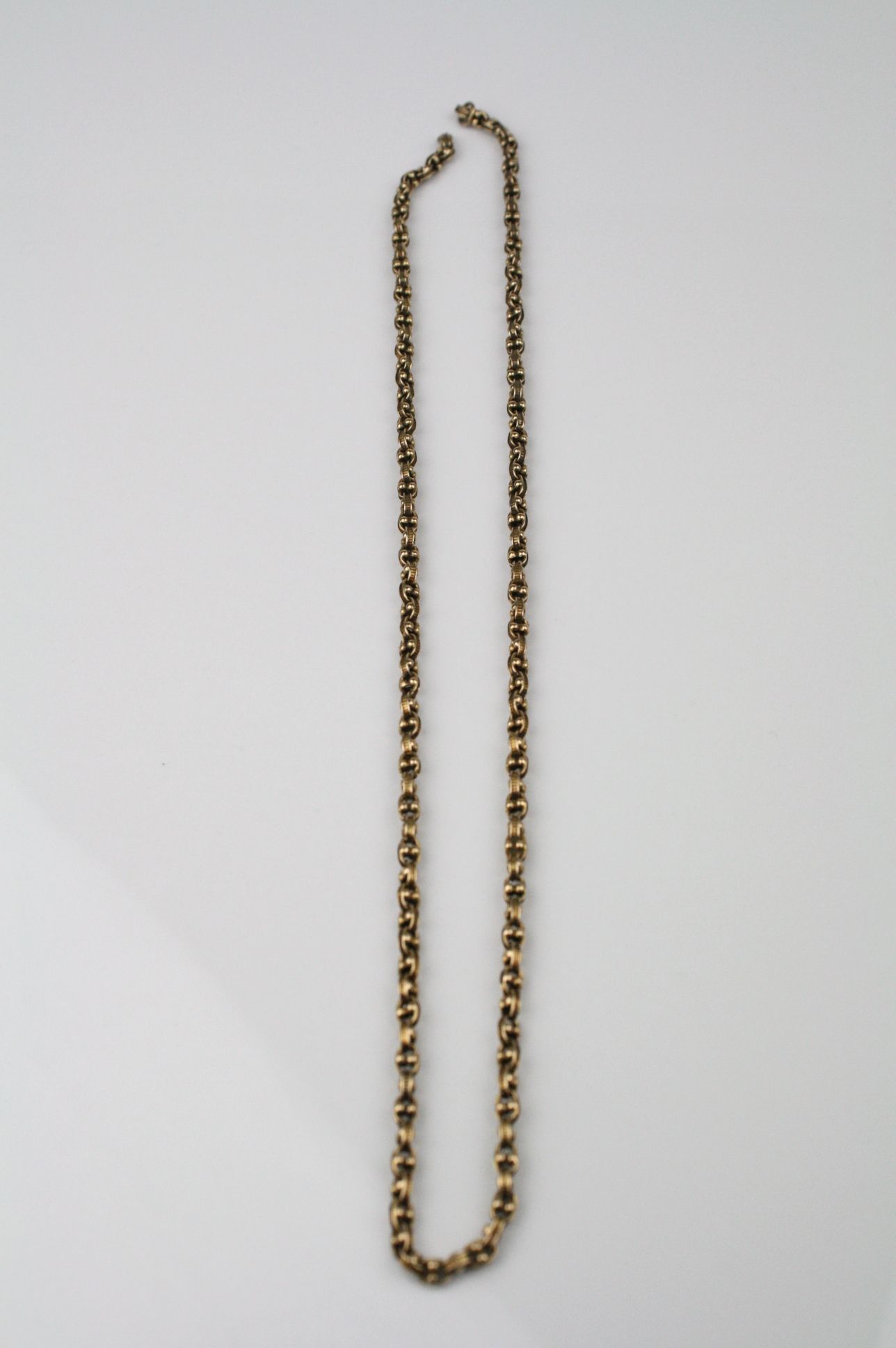 Victorian yellow metal fancy belcher link chain, missing clasp, length approximately 50cm