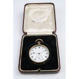 9ct yellow gold open face pocket watch, white enamel dial and subsidiary dial, black Roman