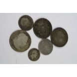 Six GB silver coins to include; Charles II Shilling, 1817, 1818 & 1821 Halfcrowns, along with two