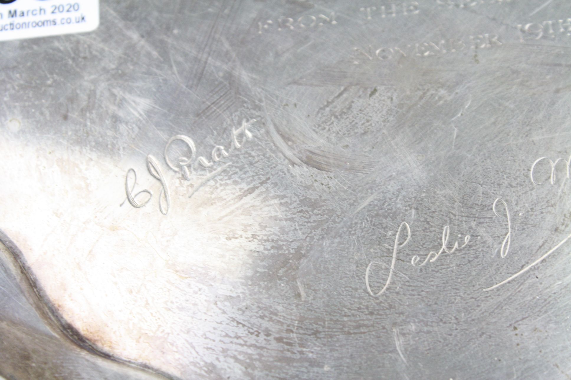 Silver salver raised on two scroll feet (one foot missing) with presentation inscription ' 1939-1945 - Image 2 of 5