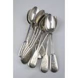 Eleven Russian silver fiddle pattern teaspoons, engraved monogram to terminal, combined city and