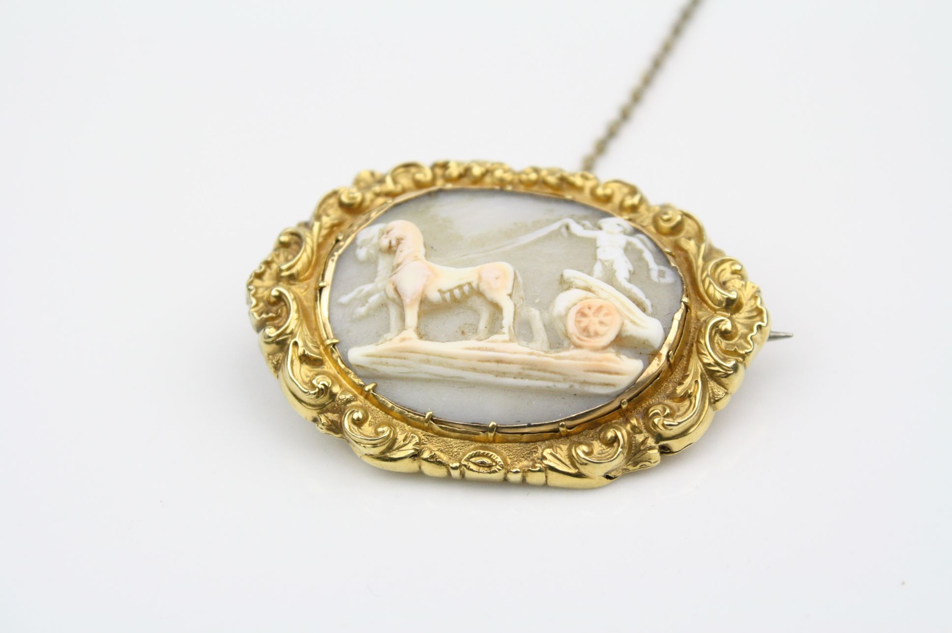 Victorian shell cameo yellow metal brooch, the cameo depicting a cherub driving chariot and - Image 2 of 4