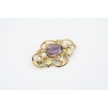 Amethyst and pearl 9ct yellow gold brooch, central oval mixed cut amethyst, six pearls to openwork