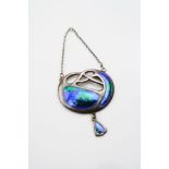 Charles Horner Art Nouveau enamelled silver pendant, the sinuous frame set with two blue and green