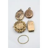 9ct rose gold locket, engraved foliate scroll decoration and blank cartouche, a similar yellow metal