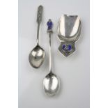 Commemorative silver caddy spoon, enamelled roundel to finial with the heads of George VI and