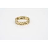 9ct yellow gold poesy ring, engraved repeating heart decoration, engraved Semper Amemus (love is