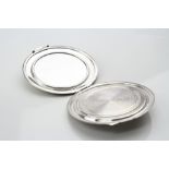 Silver circular compact, engine turned decoration to lid and verso, rectangular blank cartouche,
