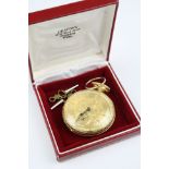 Victorian 18ct yellow gold open face key wind fusee pocket watch, engraved exotic bird, fruit and