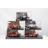 Five cased Carrera Evolution slot cars to include 25706 Ferrari F2002 V10 No 1, 25707 Ferrari