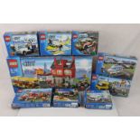 Nine boxed Lego City sets to include 7641, 3179, 7741, 3178, 7942, 7285, 60053, 60240 & 60239, all