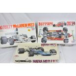 Three boxed 1:12 Tamiya plastic model kits to include BS1205 Matra MS11, BS1217 Yardley McLaren