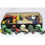 Quantity of vintage play worn metal and plastic models, mainly tractors and farming related examples