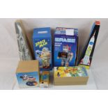 A collection of boxed space related tin plate toys to include Lilliput Robot, Atomic Robot Man,