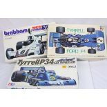 Three boxed 1:12 Tamiya plastic model kits to include BS1209 Tyrrell Ford F1, BS1221 Tyrrell P34