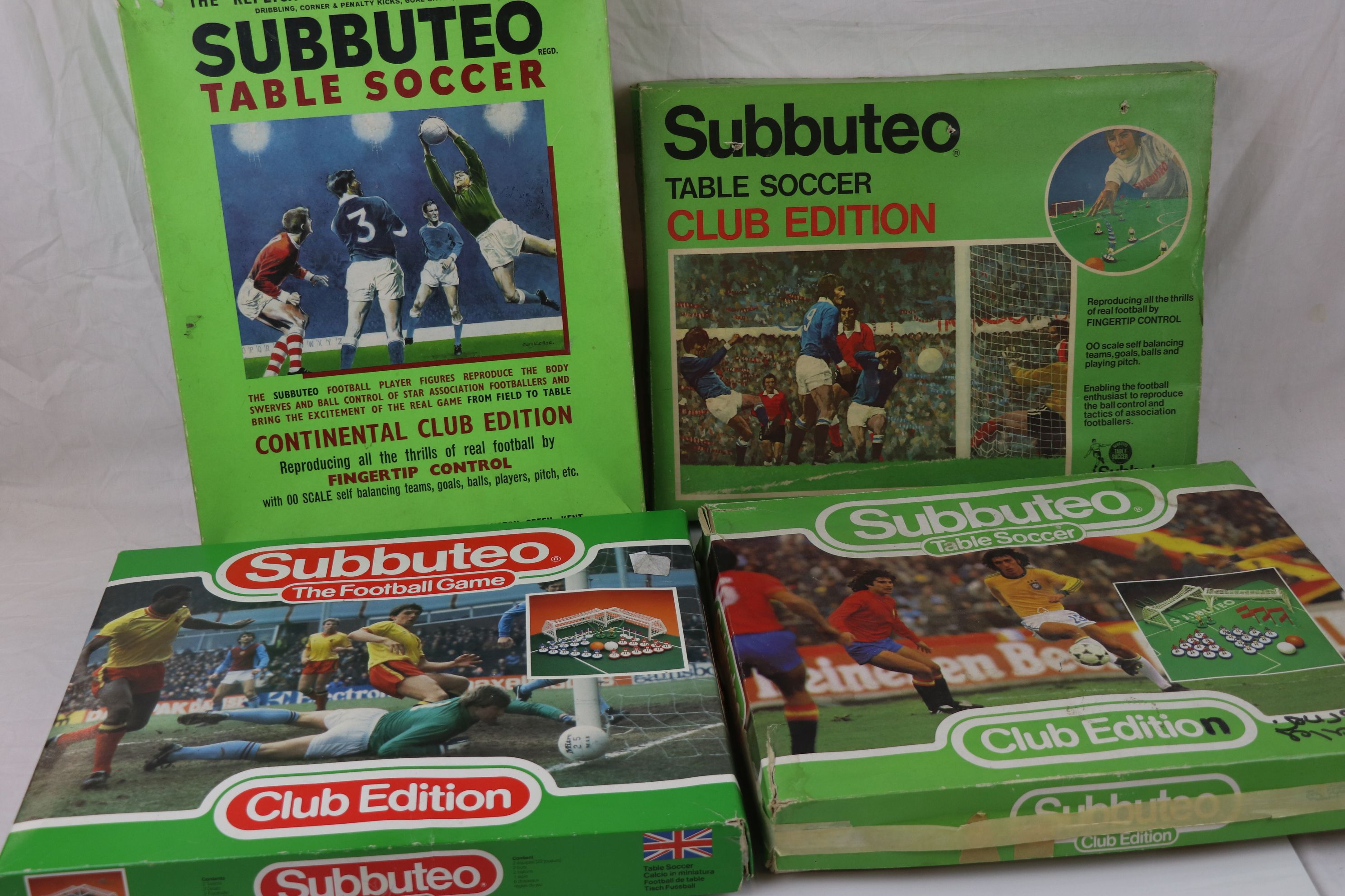 Four 1970s/80s boxed Subbuteo starter sets, all play worn with some damage