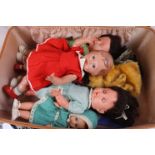 Six mid 20th C plastic dolls to include Rosebud and Reliable, plus vintage Sooty and Sweep