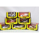 Seven boxed Corgi diecast models to include 318 Jaguar XJS, 281 Datapost Metro, 380 BMW MI-BASF, 309