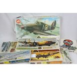 Seven boxed Airfix plastic model kits, all unmade, to include 24 scale Hawker Hurricane mk1, 72