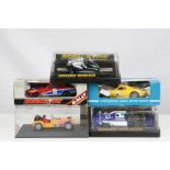 Five boxed / cased Scalextric slot cars to include C282 Green Motorcycle Combination, C130 Rally