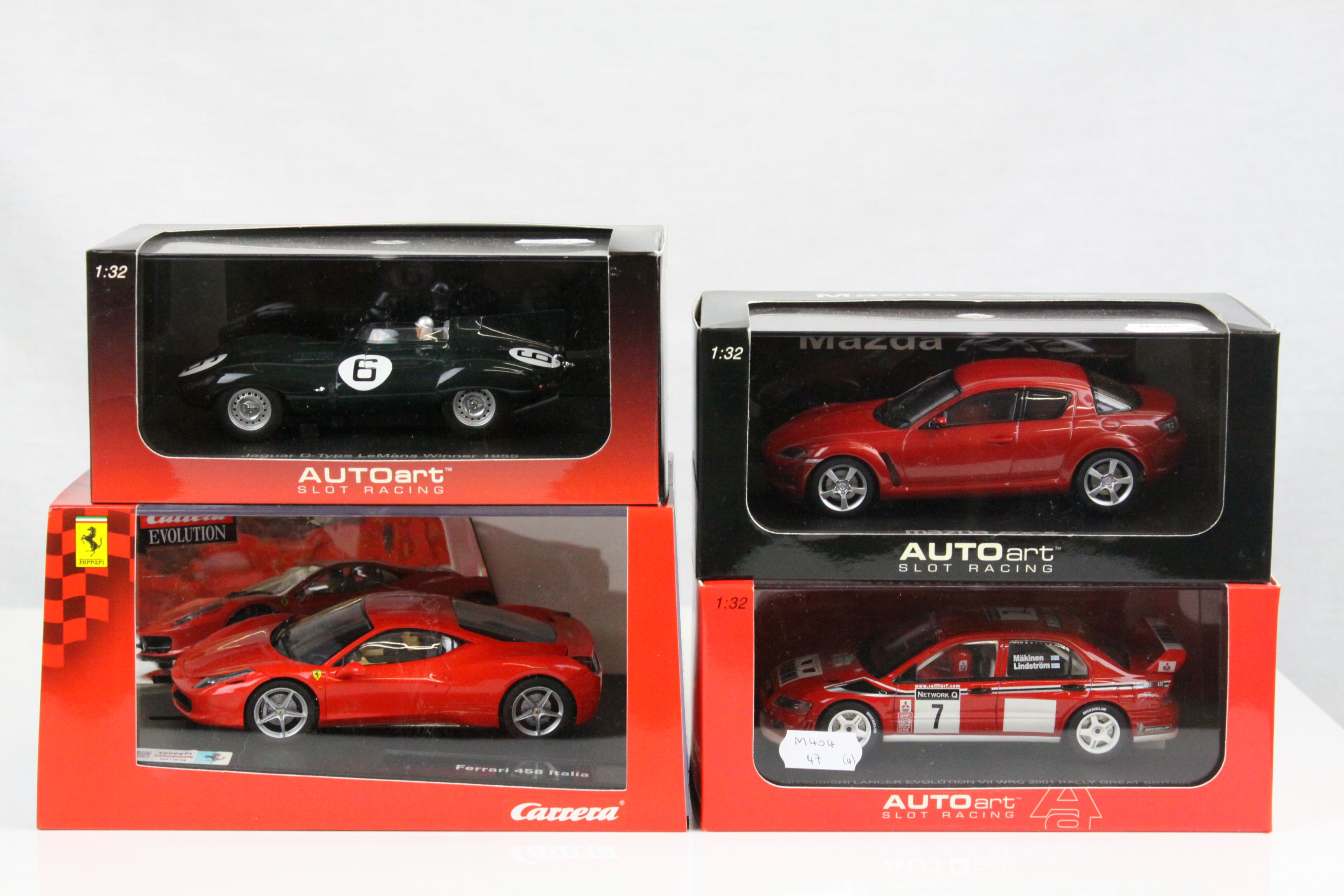 Four cased slot cars to include 3 x Auto Art Slot Racing featuring 13032 Mazda RX-8 (Velocity