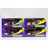Four cased Scalextric slot cars to include C2757 Ford Escort RS1600 Timo Makinen no 1, C2650 IRL