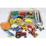 Quantity of vintage play worn diecast and plastic models featuring farming and commercial examples