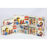 Six boxed Lego sets to include 4 x 215 Red Indians, 609 Aeroplane, and 101 Battery, appearing