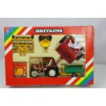 Boxed Britains 9591 Fiat Tractor and Implement Set, complete and vg, box window loose