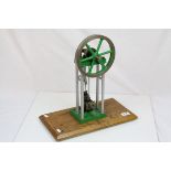 Stuart four pillar Overcrank Colliery live steam engine in green and grey livery, on wooden base,