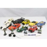Seven play worn Scalextric slot cars to include Triang C83 Sunbeam Tiger in yellow, C122 Mini 1275