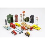 10 Dinky Dublo and Matchbox Lesney diecast models plus roadside accessories and signs