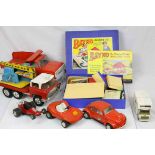 Four tin plate Tonka vehicles plus a Buddy L tin plate crane and a boxed Bayko Building set 1