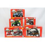 Five boxed 1:32 Britains tractors to include 9516 Valmet Logging Tractor with working grab and 3