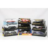 Nine cased Scalextric slot cars to include C126 JPS Lotus 77, C282 Green Motorcycle Combination x 2,