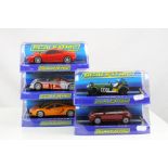 Five cased Scalextric slot cars to include C2822 Ferrari F430 red, C2809 Audi R10 TDI Power no 8,