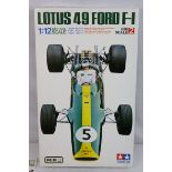 Boxed and unbuilt Tamiya 1:12 Lotus 49 Ford F1 plastic model kit, complete and excellent, very small