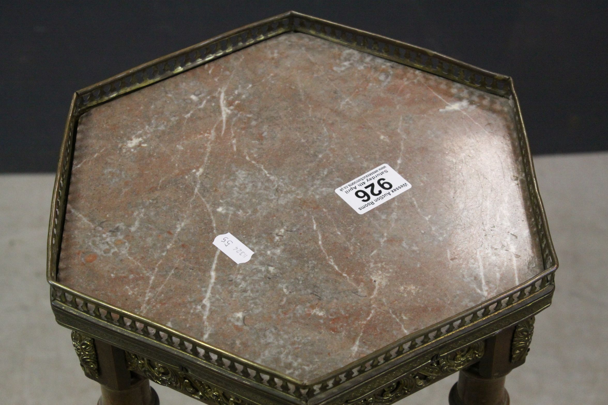 French Jardiniere Stand, hexagonal, the marble top with pierced gilt gallery rail, raised on three - Image 6 of 7