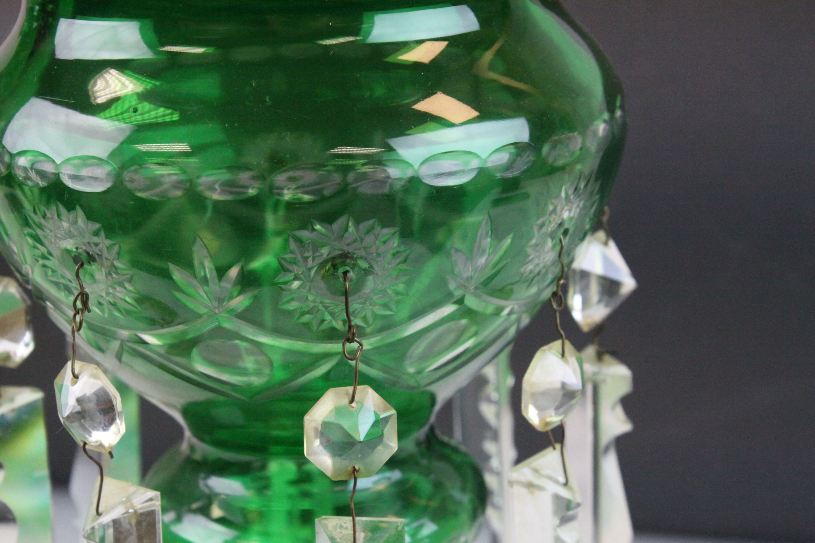 Pair of Victorian Cut Green Glass Table Lustres each with Eight Clear Glass Lustre Drops, 37cms - Image 5 of 12