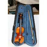 Two Modern Cased Violins and Bows, 1/2 size and 1/4 size