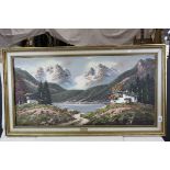 Large Framed Edmund Kentsch Oil Painting on Canvas of an Alpine Landscape Scene, 99cms x 48cms