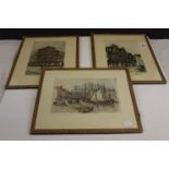 Three Framed and Glazed Coloured Engravings depicting scenes of Bristol, all annotated and signed in