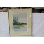 Limited edition contemporary coloured print, figure in a boat on a river, 9/200, indistinctly signed