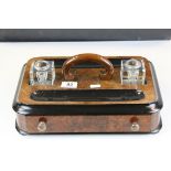 Victorian Walnut and Ebonised Standish with Two Glass Inkwells (lacking lids), two pen trays and a