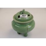 Chinese green glazed Celadon Koro, with lid, on tripod feet with Foo dog to lid, stands approx