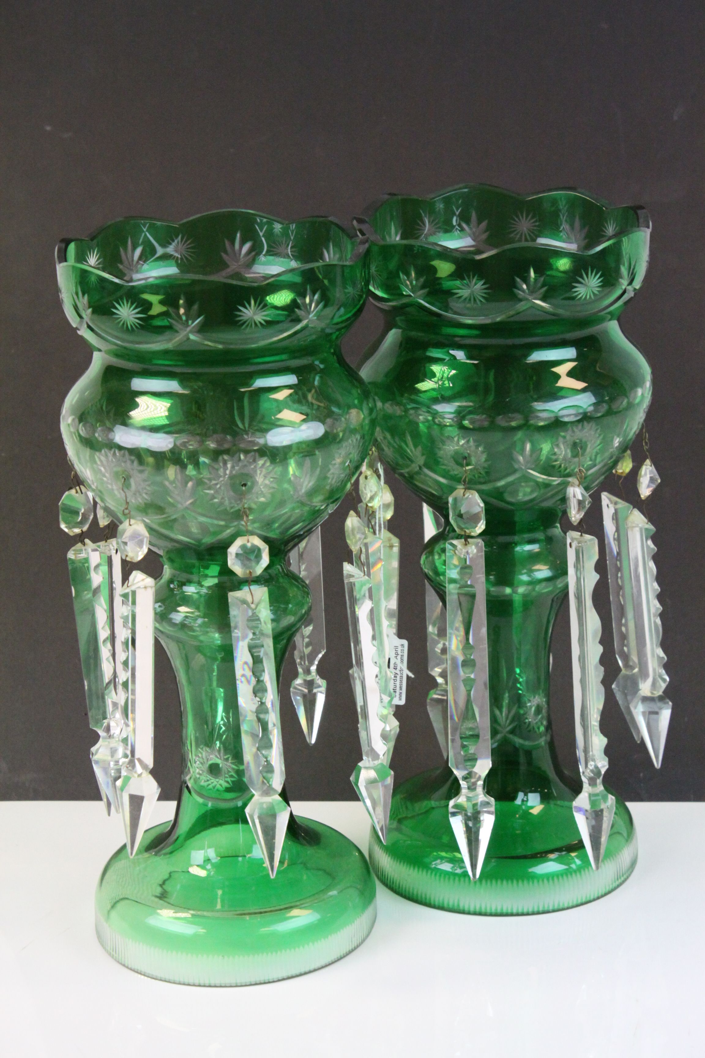 Pair of Victorian Cut Green Glass Table Lustres each with Eight Clear Glass Lustre Drops, 37cms