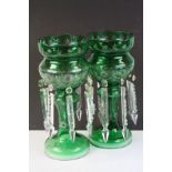 Pair of Victorian Cut Green Glass Table Lustres each with Eight Clear Glass Lustre Drops, 37cms