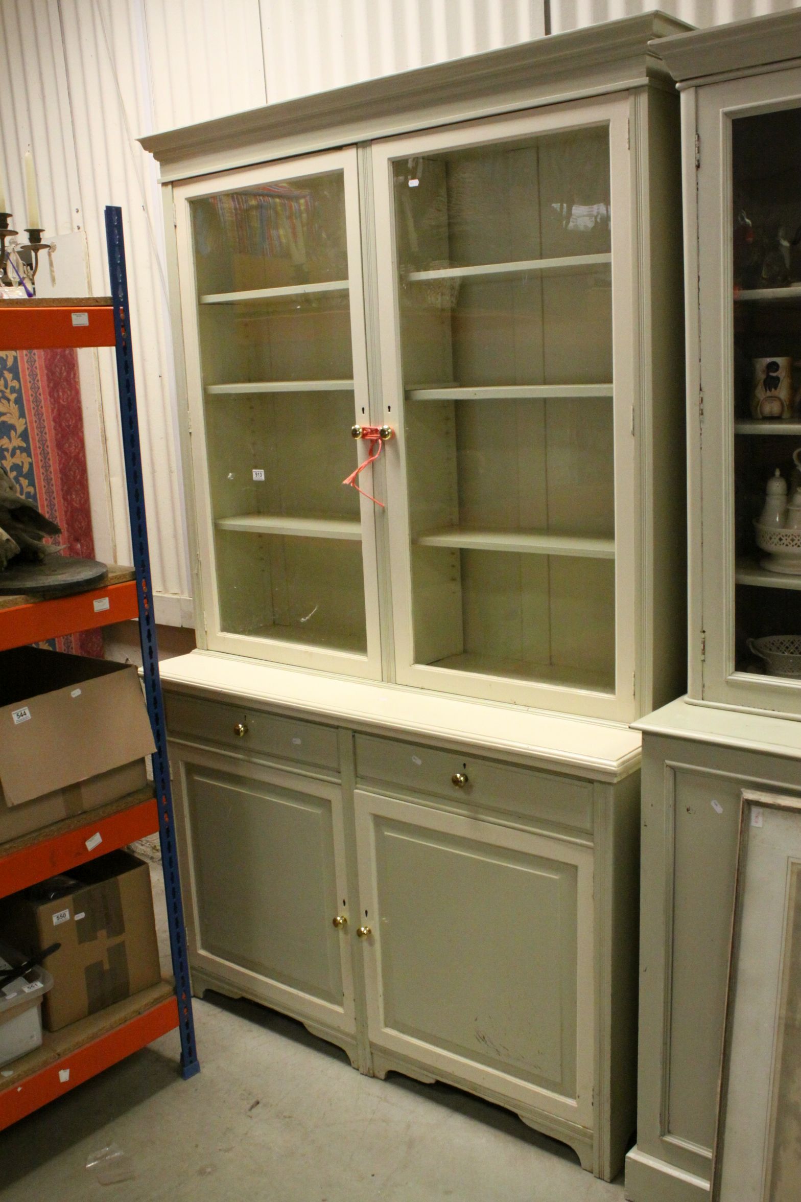 Large Late 19th / Early 20th century Painted Glazed Bookcase Cupboard, the upper section with twin